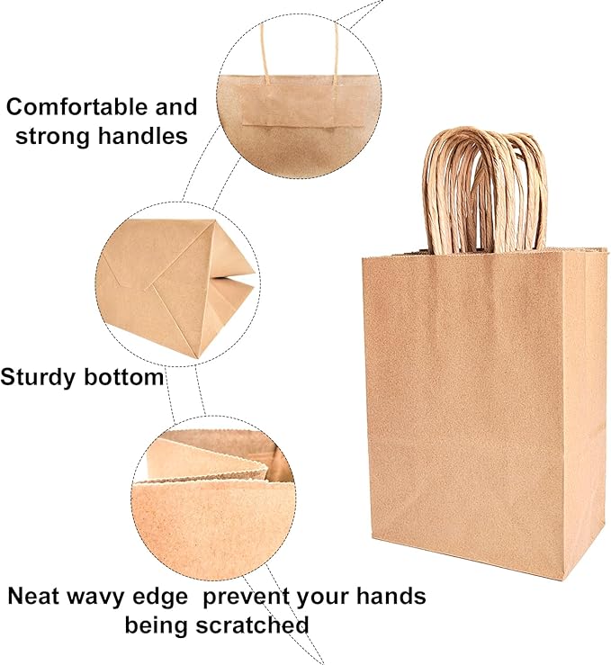 BAG BOX 100 Pcs Medium 8.25x4.3x10.6 Inch Brown Kraft Paper Gift Bags with Handles for Bulk Wedding, Party Favors, Grocery, Shopping, Retail Merchandise, Gift Sacks