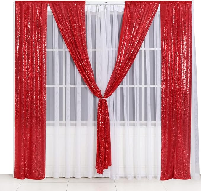 Juya Delight Red Sequin Backdrop Curtain,4PCS 2FTx8ft Glitter Backdrop Curtain for Party,Birthday,Christmas Wedding Decoration