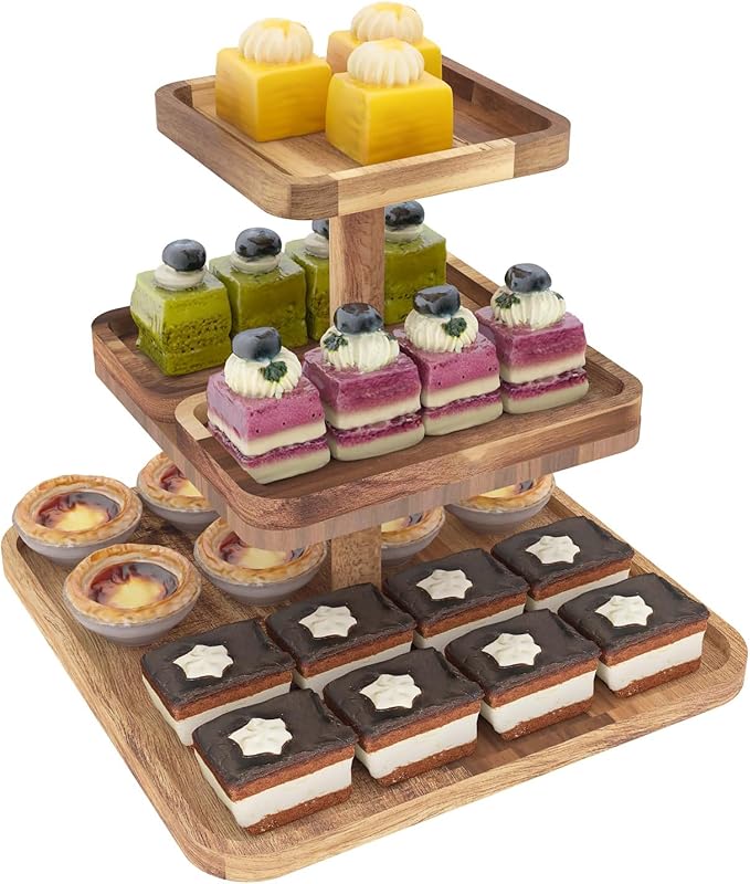 Acacia Wood 3 Tier Cupcake Stand with 2 Removable Snack Tray, Rustic Square Cup Cake Tower Stand for 25 Cupcakes, Display Cakestand for Wedding, Birthday, Serving Tea Party, Natural