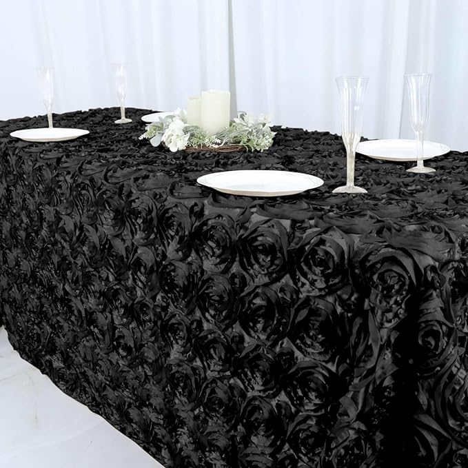 Efavormart 90"x132" Wholesale Rectangle Table Cover Black Grandiose Rosette 3D Satin Tablecloth for Wedding Party Event