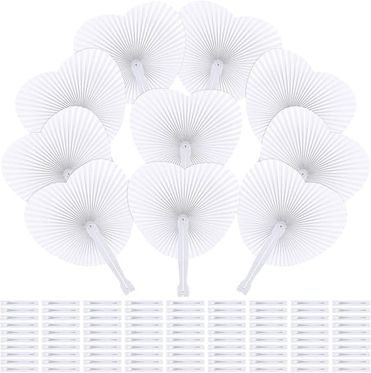 Aodaer 100 Pack Heart Shaped Folding Fans White Paper Fans Handheld Fans with Plastic Handles for Party, Wedding, Anniversary Decoration