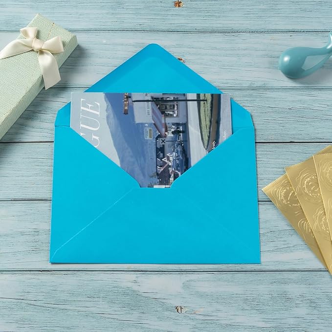 50 Pack Colored A7 Invitation Envelopes 5x7 with Gold Stickers for Cards and Invitations, 5 Colors (Blue, 5 1/4 x 7 1/4 inches)