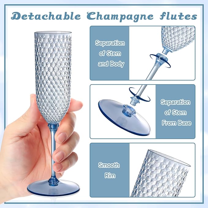 XUWAIDSGN 100 Pack Blue Detachable 2 piece Champagne Flutes 5.5 Oz Unbreakable Plastic Mimosa Disposable Champagne Glasses Drinking Cups Stemmed Reusable Wine Toasting Glasses for Wedding