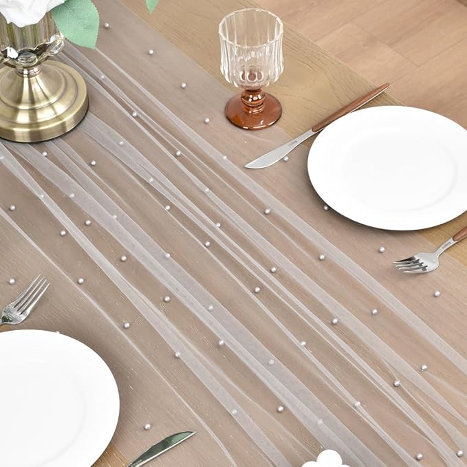 Joanlody Fall Pearl Table Runner 10ft Rustic Boho Tulle Table Runner with Pearls for Baby Shower Wedding Party Veil Dessert Thanksgiving Table Decor Gray 4pcs