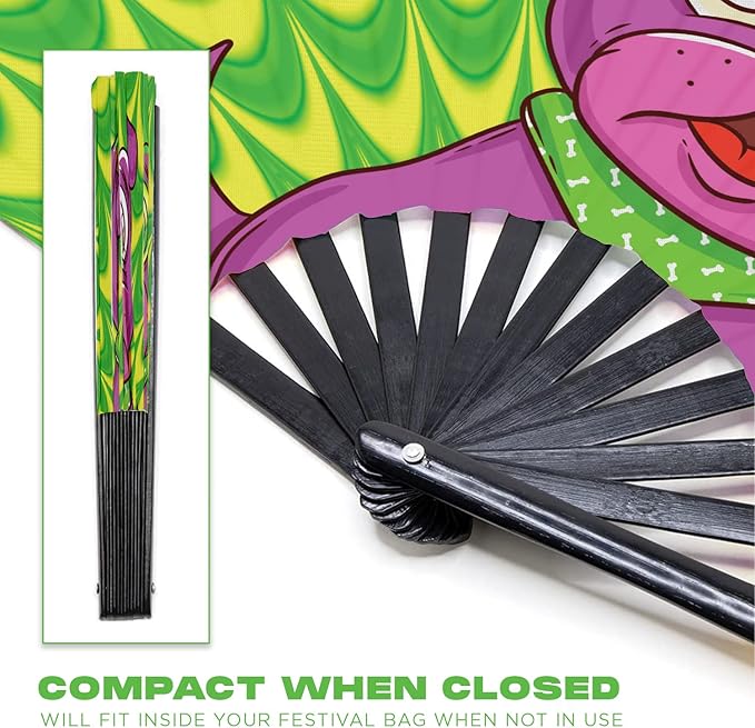 GloFX Rave Trippy Doggy Large Folding Fan - Music Festival Essentials, EDM Rave Accessories