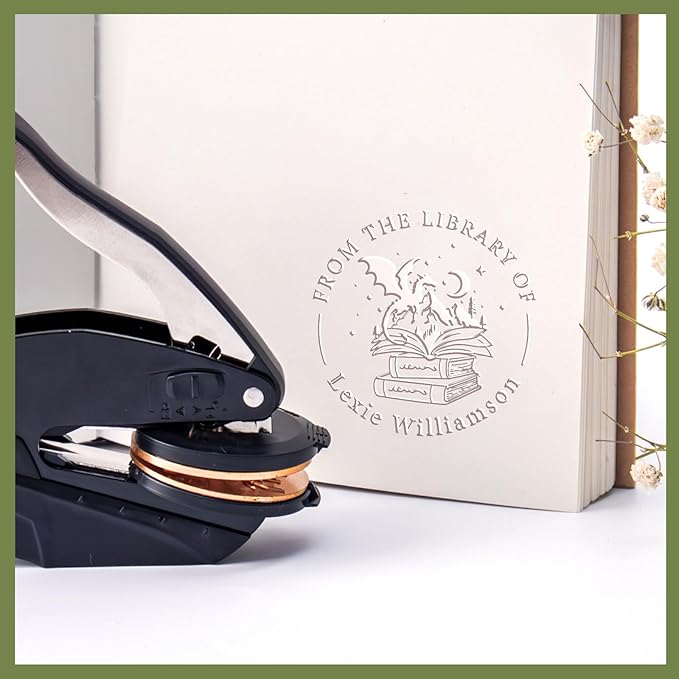 Upgraded Book Embosser Personalized | Custom Book Stamp | Storage Gift Box Set - Include Magnetic Bookmark and Eternal Pencil & 20 pcs Foil Sticker for Hardcover Books, Envelopes, Leather