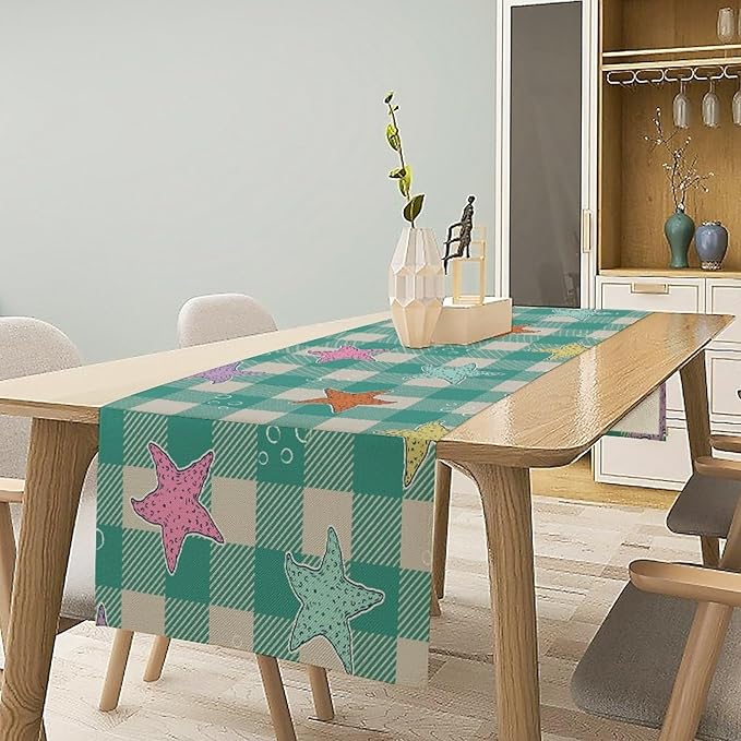 Starfish Plaid Table Flag Green Plaid and Marine Life Starfish Kitchen Table Flag Suitable for Birthday Party Restaurant Decoration Outdoor Picnic 13 * 90 Inch
