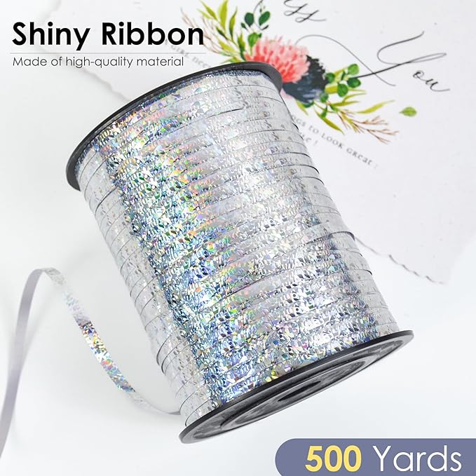 Silver Curling Ribbon, 500 Yard Shiny Metallic Curly Gift Ribbon for Wrapping, Balloons, Flowers