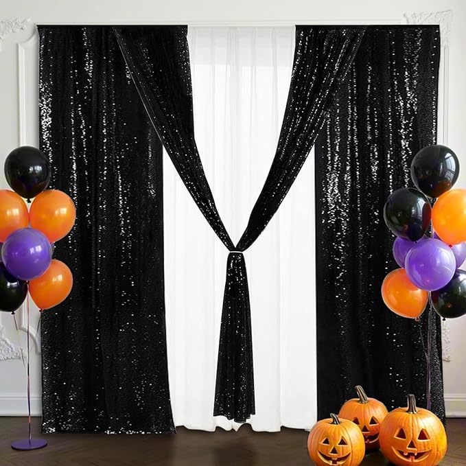 Eternal Beauty Black Sequin Backdrop Curtains, Halloween Shimmer Back Drop 4Panels-2FTx8FT for Christmas, Party, Birthday, Photography, Wedding, Baby Shower Event Decoration