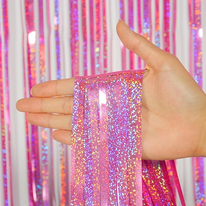 Melsan Pink Tinsel Curtains Backdrop, 3.2 ft x 8.2 ft Sparkle Metallic Foil Curtains for Unicorn Mermaid Princess Party Photo Background Decoration, 2 Pack