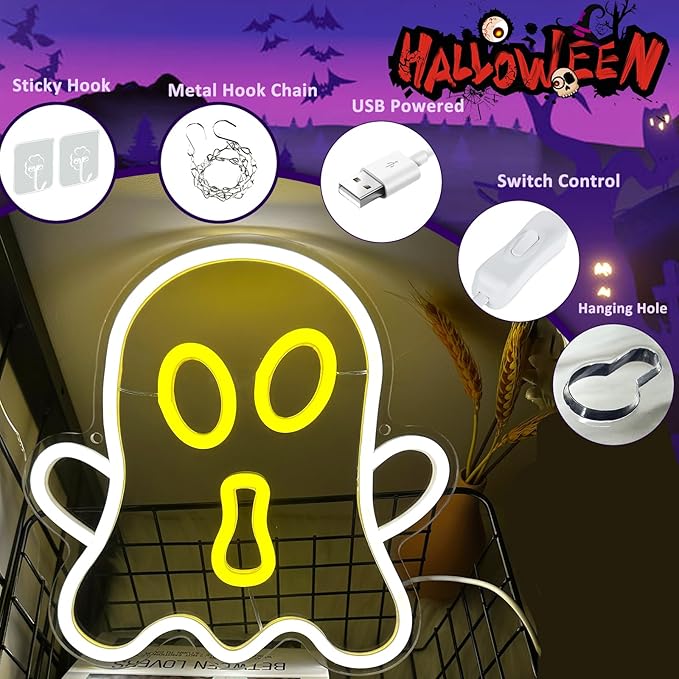 Halloween White Ghost Neon Sign Halloween, USB Halloween Neon LED Light for Wall Decor, White Ghost Halloween Sign Decorations for Home Bar Salon Coffee Stores Porch Front Door