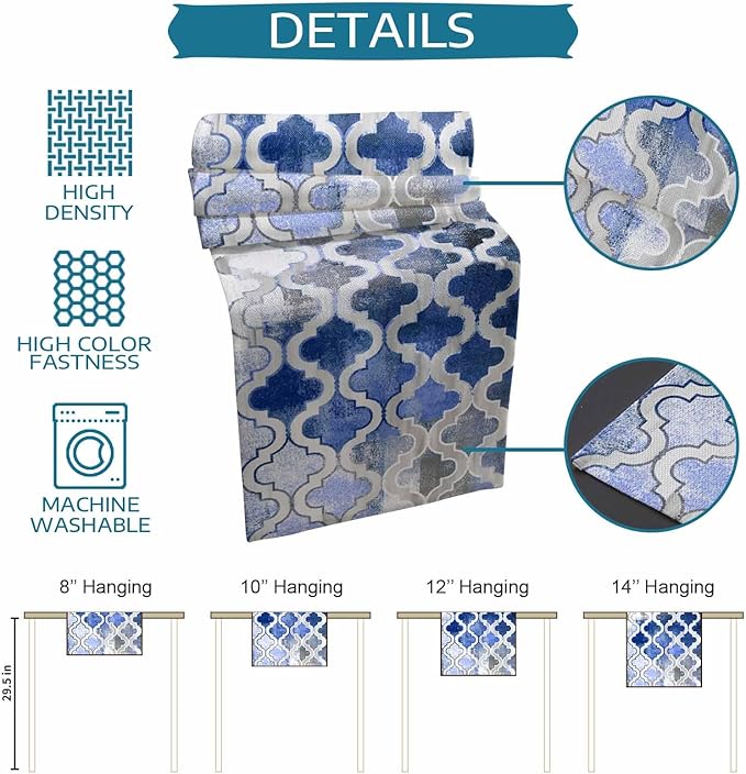 Blue Morocco Plaid Cotton Linen Table Runner for Dining Kitchen, Wedding Outdoor Party Tablerunners Decoration, Distressed Abstract Painted Vintage Dresser Scarf Coffee Tablecloth Runners 13''x120''