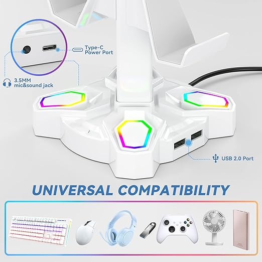KDD Gaming Headphones Stand, Rotatable Headset Stand with Light Modes - Controller Holder with 2 USB Charging Ports and 3.5mm - Earphone Hanger Accessories for Desktop Gamer(White)