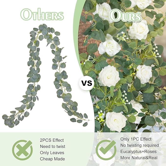 MACTING 2 Pack 13.2FT Flower Garland with 24 White Roses - Spring Gypsophila Eucalyptus Garlands Artificial Floral Greenery Vines for Arch Table Centerpieces Backdrop Party Home Wedding Decorations