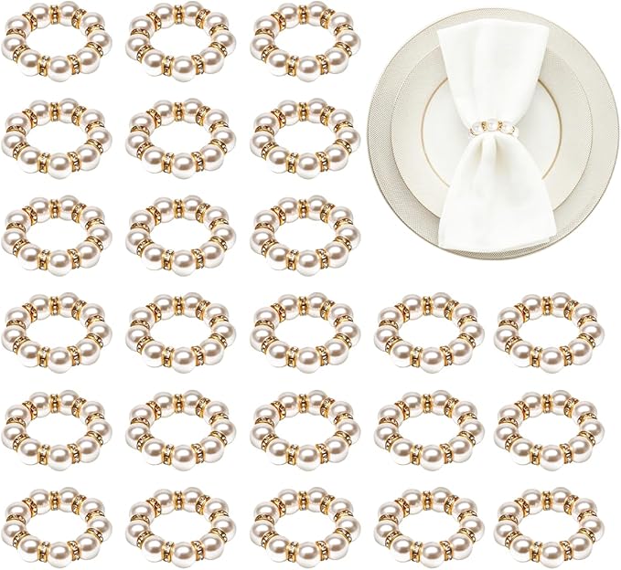 50Pcs Pearl Napkin Rings, Imitation Pearl Napkin Rings Holder, Disposable Beaded Serviette Napkin Buckles for Wedding Reception Party Banquet Dinner Table Decor (Pearl Gold, 50 Pcs)