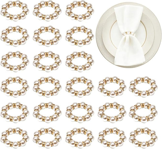50Pcs Pearl Napkin Rings, Imitation Pearl Napkin Rings Holder, Disposable Beaded Serviette Napkin Buckles for Wedding Reception Party Banquet Dinner Table Decor (Pearl Gold, 50 Pcs)