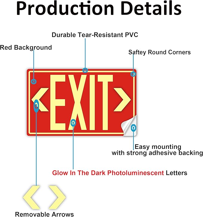 5Pack Photoluminescent Exit Sign, 12"x 7" Glow In The Dark Exit signs with Self-Adhesive Backing, Includes 10pcs Removable Arrows