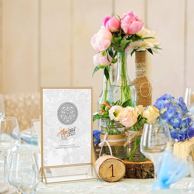 16 Pieces Gold Rimmed Clear Acrylic Table Sign Holders, Double Sided Frame with Gold Border and Vertical Stand for Wedding Table Number, Restaurant Sign, Photo Display, Menu Holder (5 x 7 Inch)
