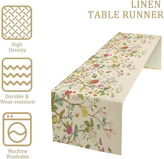 Floral Table Runner, Vintage Birds Wildflowers Herbs Nature Theme Linen Long Table Kitchen Dining Table Holiday Party Decorative Table Runner,13in（33cm） W * 90in（229cm） L