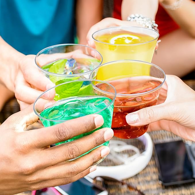 100Counts 9 OZ. Disposable Cups Old fashioned Party Tumblers, 9 Ounce Squat Cups Clear Hard Plastic Cups for Party Wedding