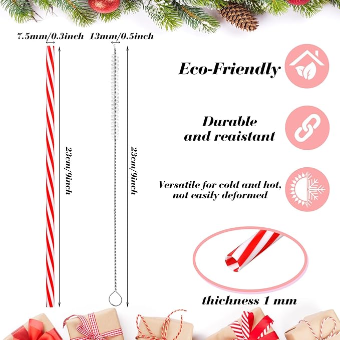 Vesici 9 Inch Plastic Striped Straws Reusable with Cleaning Brush Red Striped Hard Drinking Straws for Christmas Party Decoration Supplies(Red and White,50 Pcs)