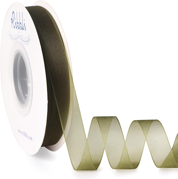 Ribbli Moss Green Organza Ribbon 1/2 Inches x Continuous 50 Yard Green Sheer Ribbon for Gift Wrapping,Cookie Wrapping,Wedding Decoration