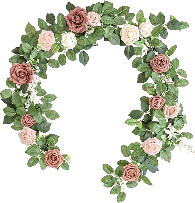 Lookein Artificial Rose Flower Garland Greenery Garland 5FT for Wedding Ceremony Backdrop Arch Flowers Table Centerpieces Decorations, Garden Dusty Rose
