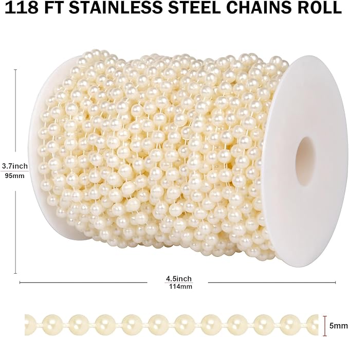 118 FT Pearl Beads Garland for Decoration, 5MM Craft Pearl Beads String Spool Ivory Color Faux Pearl Strand Roll for DIY Craft Wedding Party Christmas Tree Decoration