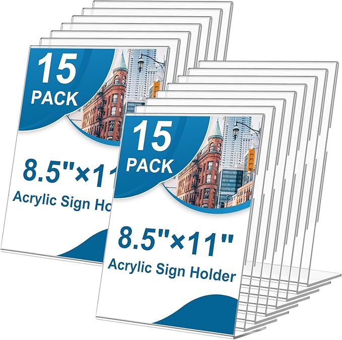 15 Pack Acrylic Sign Holder 8.5 x 11, L-Shape Clear Plastic Display Stand for Tabletop, Acrylic Stands for Flyers, Table Paper Holder, Vertical Sign Holder 8.5x11 for Restaurants, Office and School(Slant 15 Pack 8.5x11)