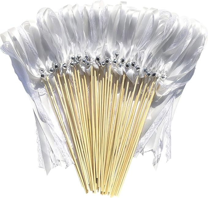 Kingsnow 50 Pack White Lace Ribbon Wands Wedding Streamers with Silver Bells, Silk Fairy Stick Wish Wands for Wedding Send off Party Activities Holiday Celebration