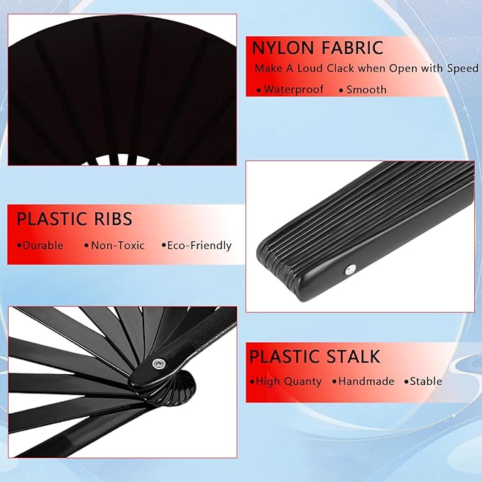 13inch Large Rave Fan Popping Clacking Fans for Line Dancing,Hand Fans for Women Foldable,Boots on The Ground Fan,Portable for Outdoor,Wedding,Party,Decoration (6pcs Black)