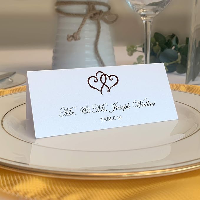 Linked Hearts Printable Place Cards, Chocolate (Choose Color), Set of 60 (10 Sheets), Laser & Inkjet Printers - Wedding, Party, Dinner, and Special Events - Made in the USA