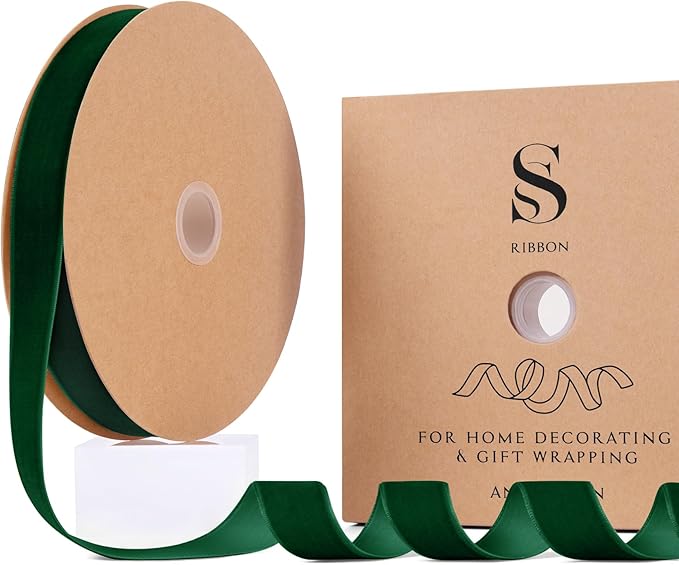 Dark Green Christmas Velvet Ribbon for Tree, Gift Wrapping, Flower Bouquet, Wreath Decorations, Bow Making 1'', 25 Yards