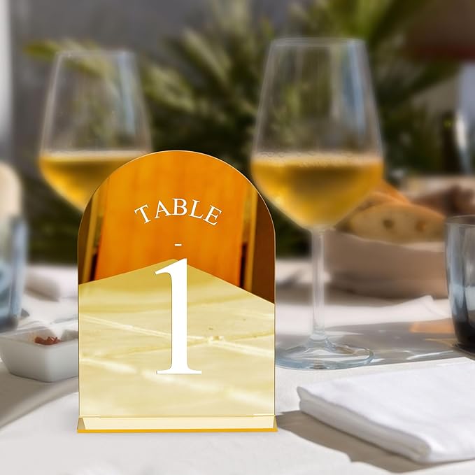 JOYIT Arch Wedding Table Numbers 1-30 with Stands – 5" X 7" Acrylic Mirrored Gold Table Number Holders, Perfect for Wedding Receptions, Parties, Anniversaries, and Events