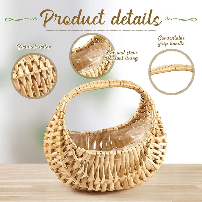 Taiyin 12 Pack Rattan Flower Girl Basket Small Half Moon Straw Wicker Basket with Handle Ideal for Wedding Flower Girl,Picnic,Garden Storage and Home Decor (Nature)
