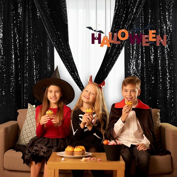 Eternal Beauty Black Sequin Backdrop Curtains, Halloween Shimmer Back Drop 4Panels-2FTx8FT for Christmas, Party, Birthday, Photography, Wedding, Baby Shower Event Decoration