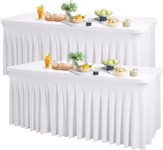 Wish Care 2 Pack White Spandex Table Clothes for 4 Foot Rectangle Tables, 4FT Wrinkle Free Fitted Tablecloths Ruffles Design Table Cover for Party, Banquet, Wedding and Events