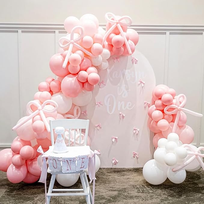 Pink Bow Balloons Garland Arch Kit,180Pcs Pink and White Balloons with Clear Balloon Wrap Bows for Wedding Bachelorette Baby Shower Coquette Birthday Party Decorations