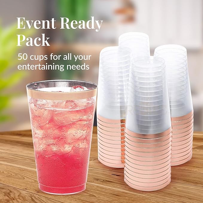 50 Pack Disposable Plastic Cups by Prestee - 14 oz Rose Gold Rimmed Plastic Wine Glasses - Heavy Duty, Pink Rim Cup - Disposable Party Cups and Fancy Wedding Tumbler - Elegant Decoration Cup for Party