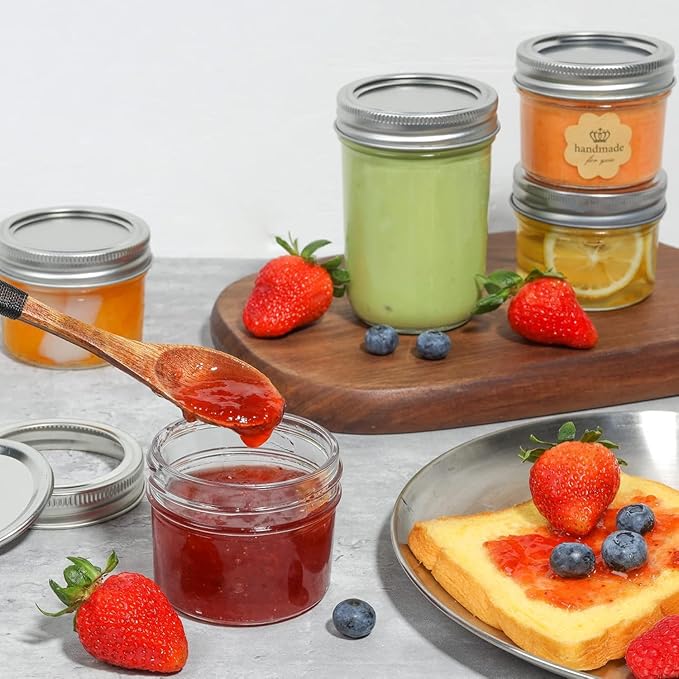 ComSaf Small Regular Mouth Mason Jars 4 oz, 24 Pcs Mini Mason Containers, Small Canning Jars, 4 oz Glass Jar with Lids for Mustards, Dipping Sauces, Jelly, DIY Candle Decor, Wedding Shower Favors