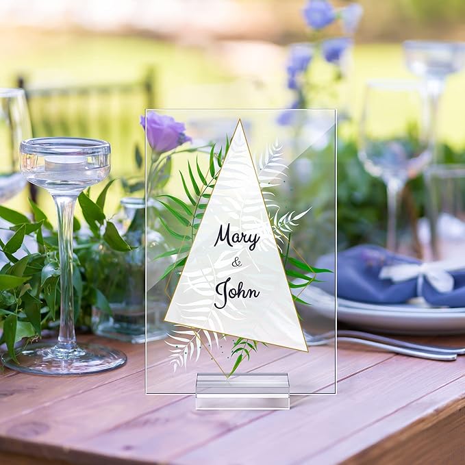 Yulejo 12 Pcs Clear Acrylic Place Cards with 12 Acrylic Holder Wedding Table Numbers with Acrylic Stand DIY Table Name Cards Plates for Wedding Reception Banquet Decors (4 x 6 x 0.08 Inch)