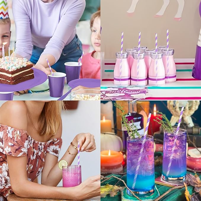 Disposable Purple Striped Party Paper Drinking Straws 100 Counts 7.75'' x 0.24'', Unwrapped, for Cocktail, Coffee, Water