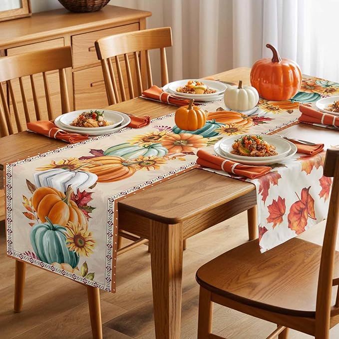 Fall Thanksgiving Southwest Cotton Linen Table Runner for Dining Kitchen, Orange Pumpkins Wedding Outdoor Party Rustic Tablerunners Decoration, Sunflower Dresser Scarf Tablecloth Runners 13x90 Inches