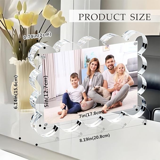 3 Pack 5x7 Inch Magnetic Acrylic Picture Frame,10+10mm Thick Block,Double Sided Clear scalloped frames for Desktop Display | Trendy Home Gift ((3 Pack), 5X7)