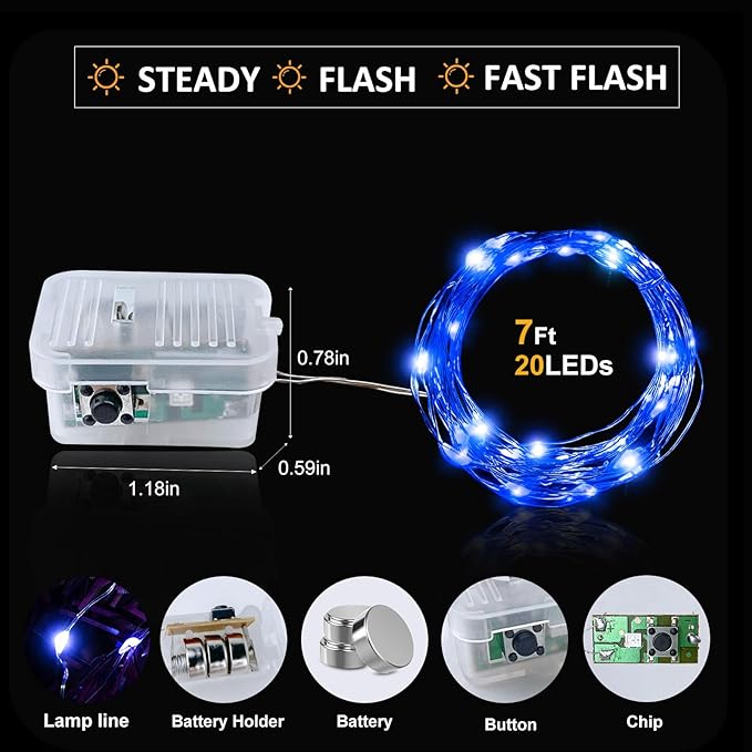 Aogist Led Fairy Lights 3 Modes Battery Operated String Lights Waterproof Silver Wire 7 Feet Firefly Starry Moon Mason Jar Lights for DIY Wedding Party Christmas (Blue, 8 Pack)