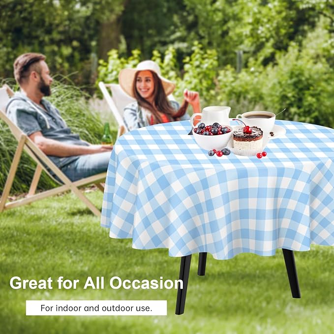 QIKSION Blue Gingham Round Tablecloth 12 Pack, 84 Inch Plastic Checkered Table Cover Disposable for Parties