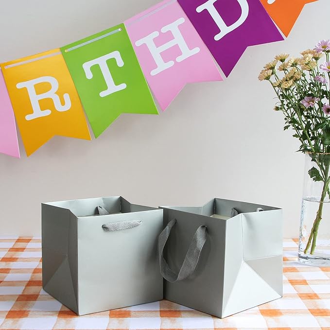 Silver Gray Square Gift Bag 12 in Paper Gift Box Large Square Bottom Kraft Paper Bags with Handles for Party Favor, Birthday Gift Bags (Silver Grey, 12 x 12 x 12 in, 10 CT)