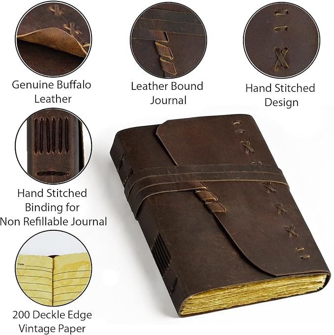 Leather Journal Notebook for Men & Women Daily Vintage Leather Bound Journal Travel Notebook 200 Deckle Lined Paper Diary Writing Journal Travelers Scrapbook Poetry Sketchbook Leather Gifts with Pen