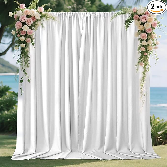 Joydeco White Curtains Backdrop for Wedding Parties, Photo Backdrop Curtains for Wedding Decorations Birthday, Wrinkle Free Polyester 5ft x 10ft Fabric Drape 2 Panels with Rod Pockets