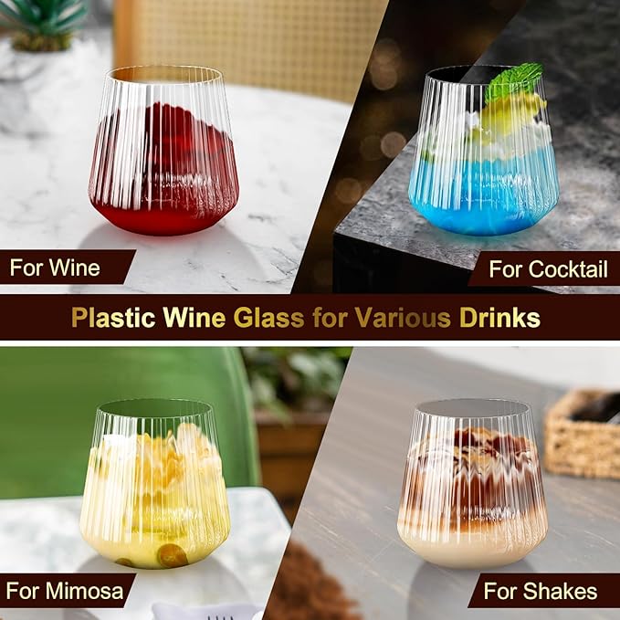 40 Pack Plastic Ribbed Wine Glasses, 14Oz Origami Disposable Wine Glasses Unbreakable Clear Plastic Cocktail Glasses Recyclable Shatterproof Reusable Wine Cups (14oz 40pack)